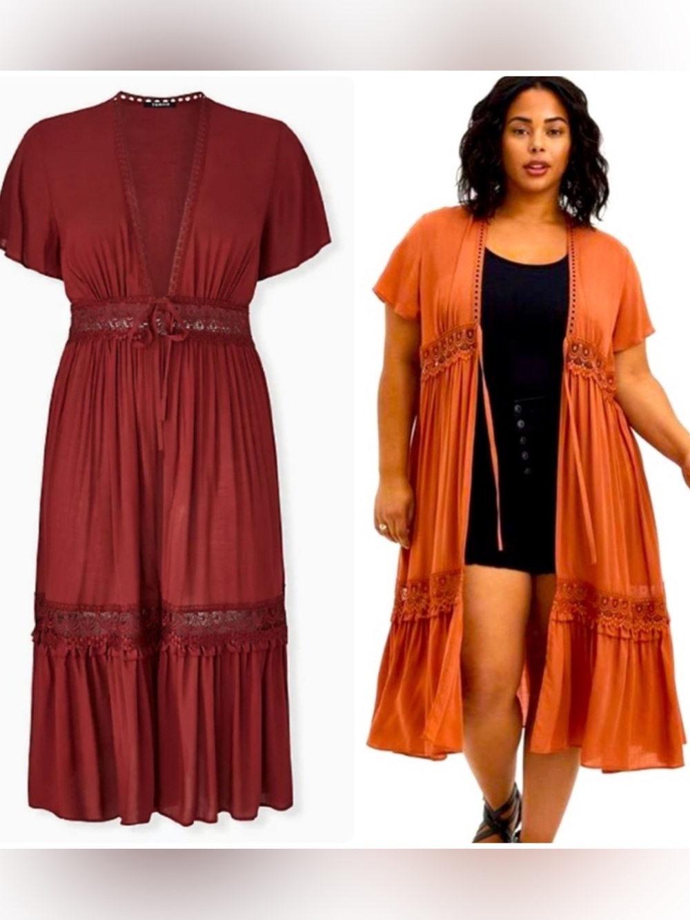 Torrid brick red lace inset duster caftan